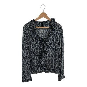 Mango Floral Ruffle collard Blouse Blue and White size 8